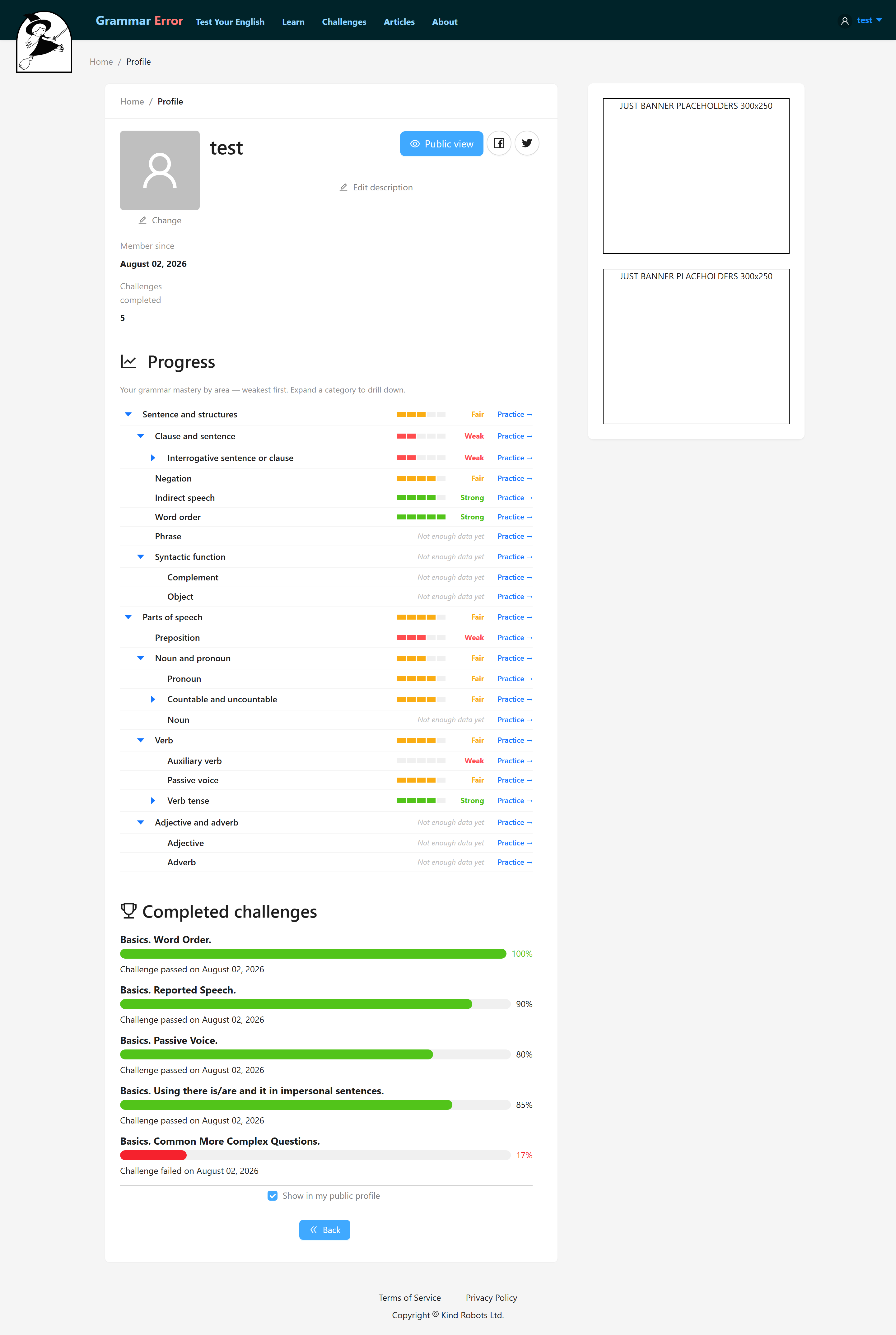 A profile page showing the Progress map above a list of five completed challenges with their scores